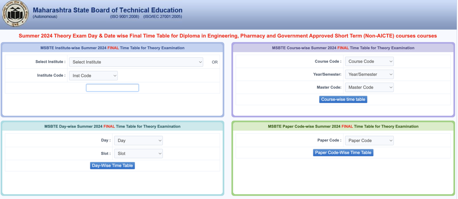 MSBTE Diploma Exam Time Table 2024 {Out} Winter Semesters